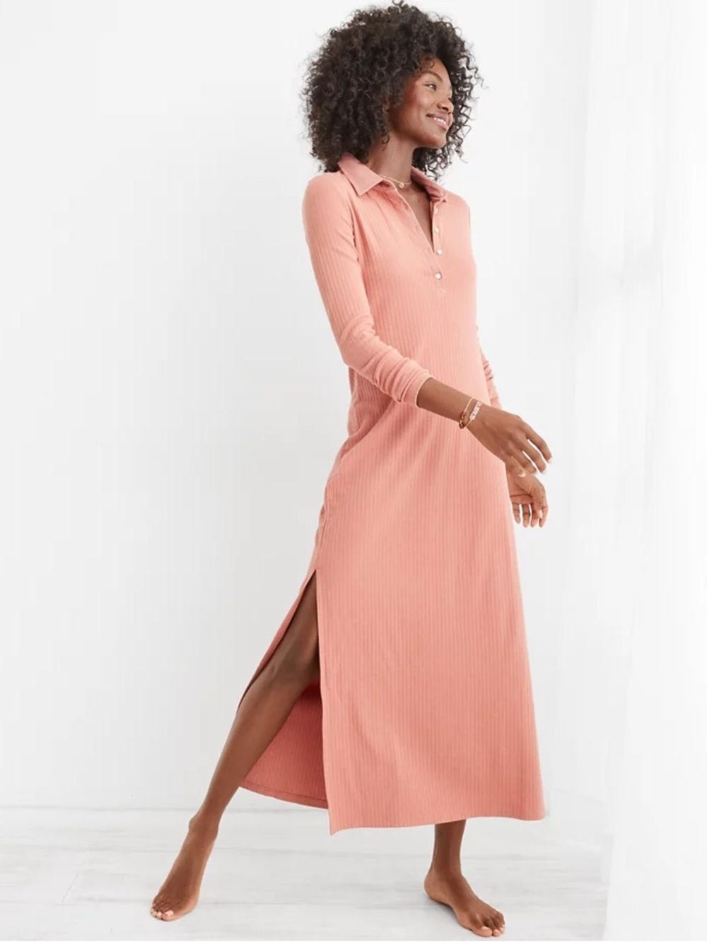 Aerie Ribbed Polo Midi Dress coral peach twilight medium